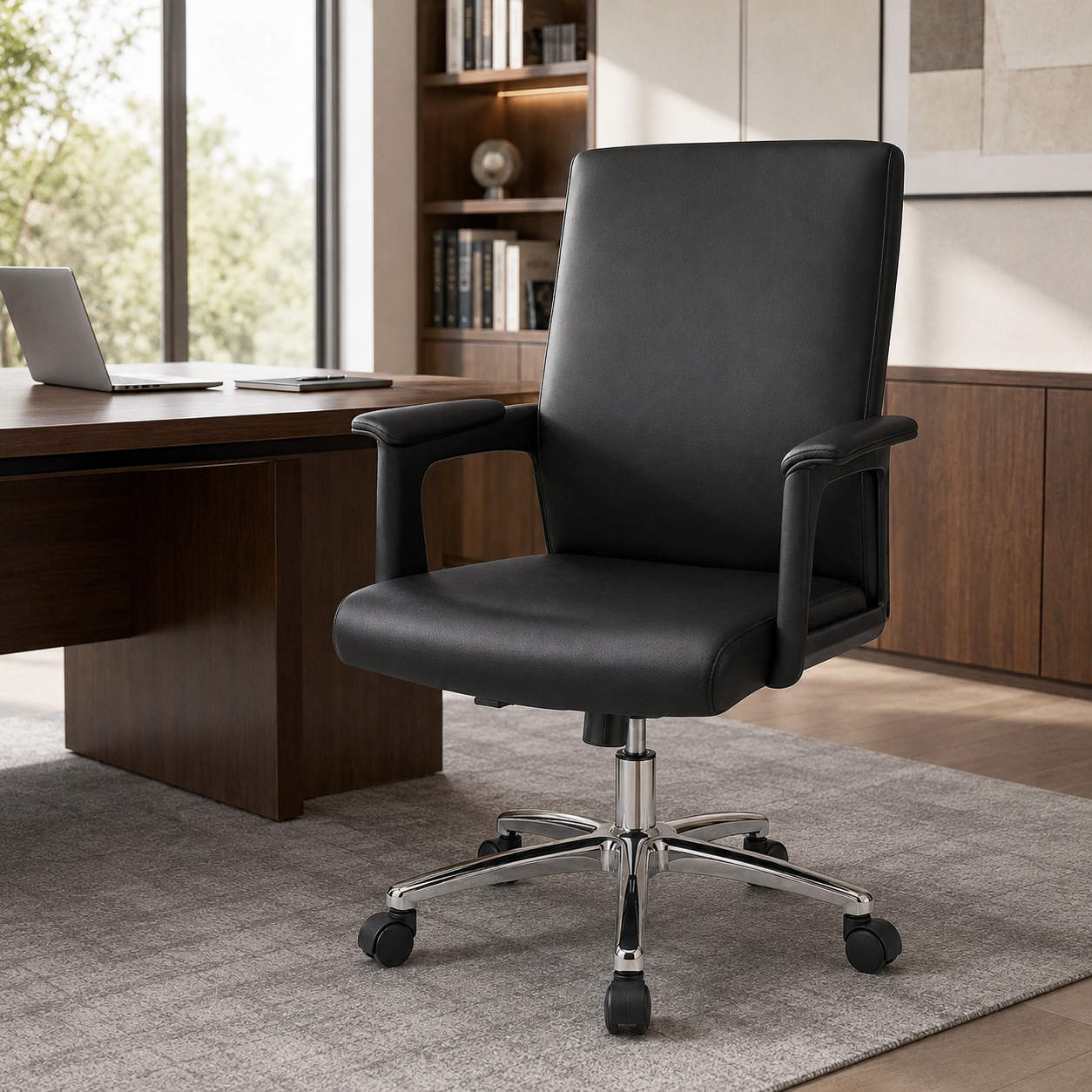 Ergonomic Mid-Back PU Leather Executive Office Chair with Chrome Base & Padded Armrests - 360° Swivel Height-Adjustable Computer Desk Chair (Black)