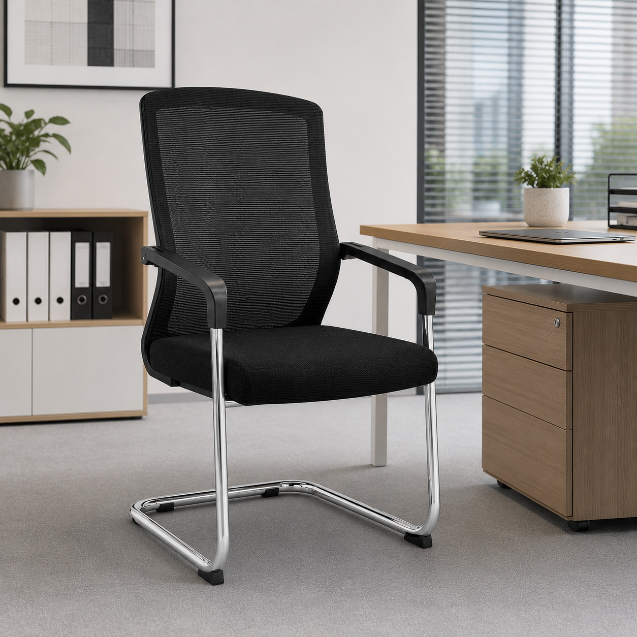 Ergonomic Mid-Back PU Leather Executive Office Chair with Chrome Base & Padded Armrests - 360° Swivel Height-Adjustable Computer Desk Chair (Black)