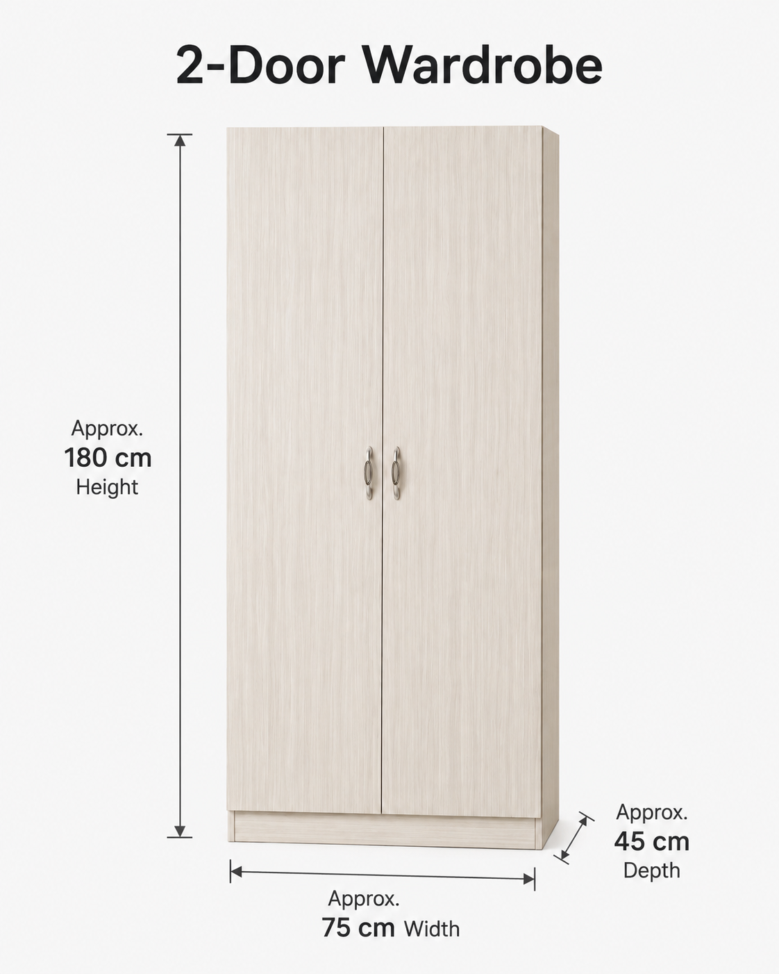 Modern 2-Door Wooden Wardrobe Storage Cabinet with Hanging Rail & Shelves - Space-Saving Bedroom Armoire (75x45x180cm)