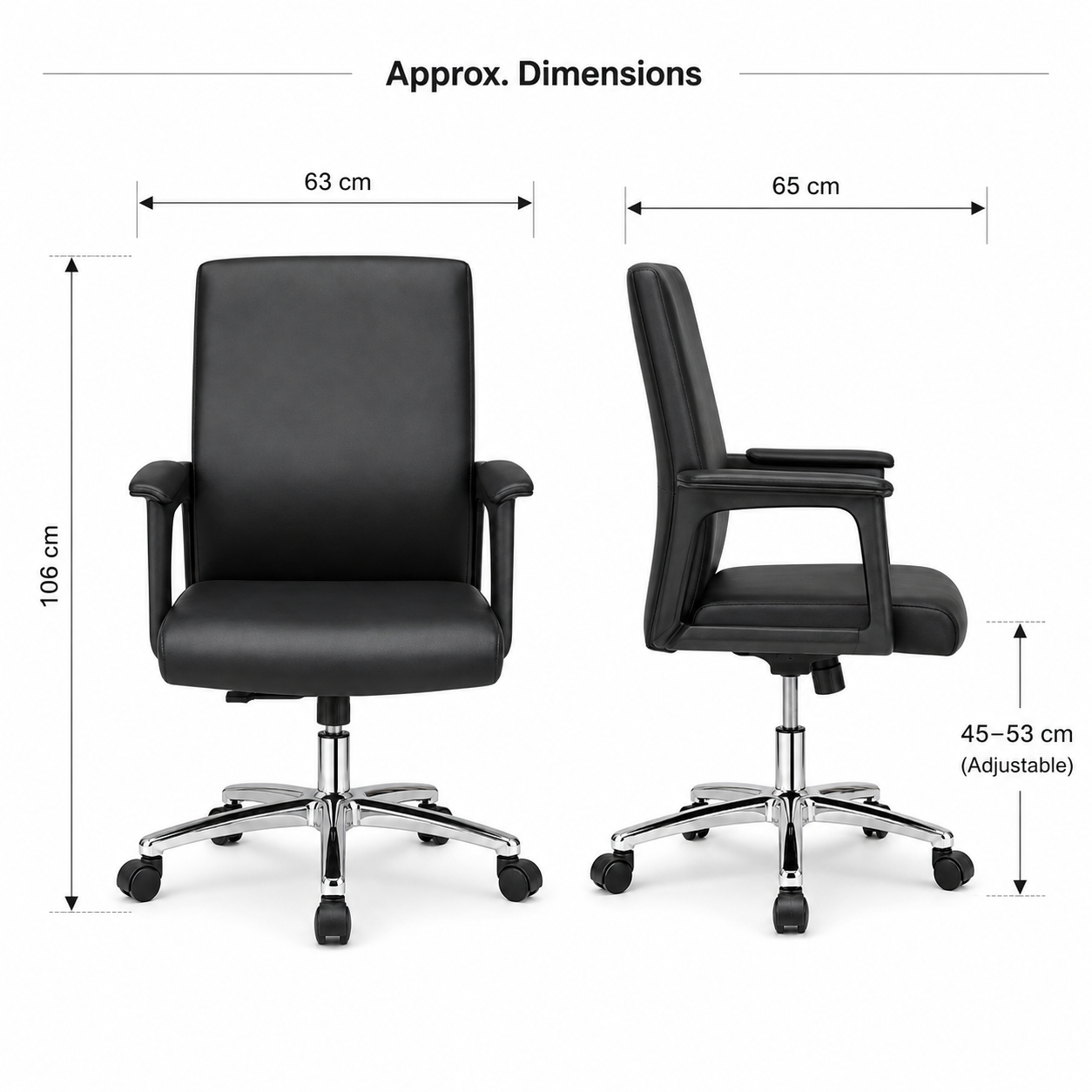 Ergonomic Mid-Back PU Leather Executive Office Chair with Chrome Base & Padded Armrests - 360° Swivel Height-Adjustable Computer Desk Chair (Black)