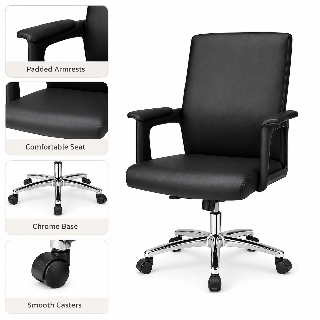 Ergonomic Mid-Back PU Leather Executive Office Chair with Chrome Base & Padded Armrests - 360° Swivel Height-Adjustable Computer Desk Chair (Black)