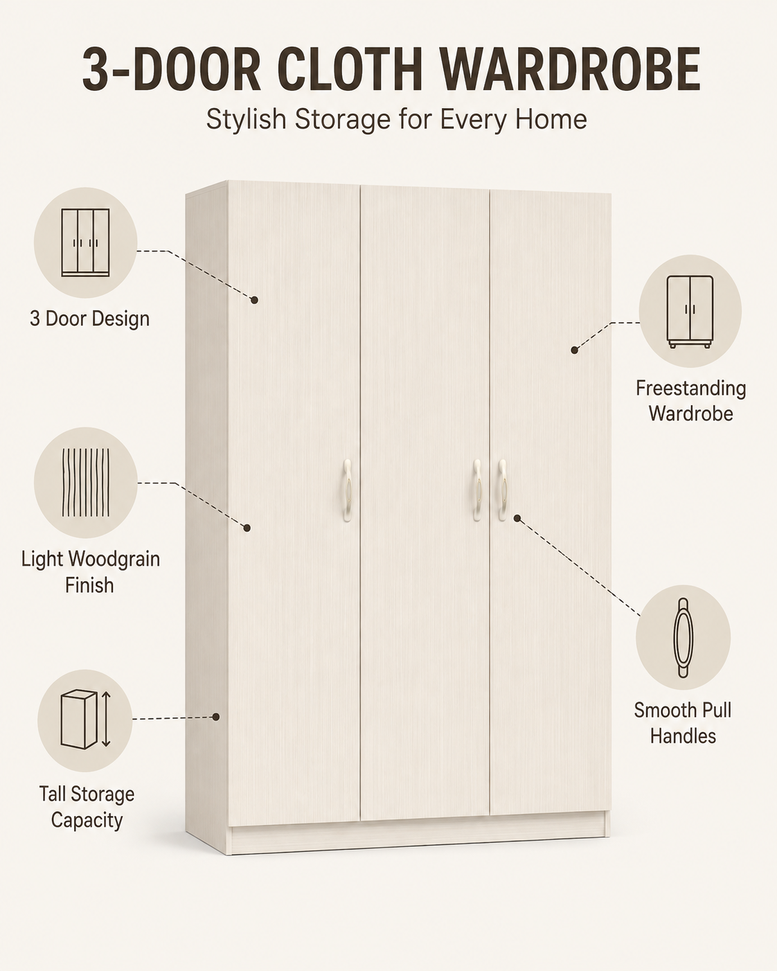 Modern 3-Door Wooden Wardrobe Closet Cabinet with Shelves & Hanging Rail - Large Bedroom Storage Armoire (120x45x180cm)