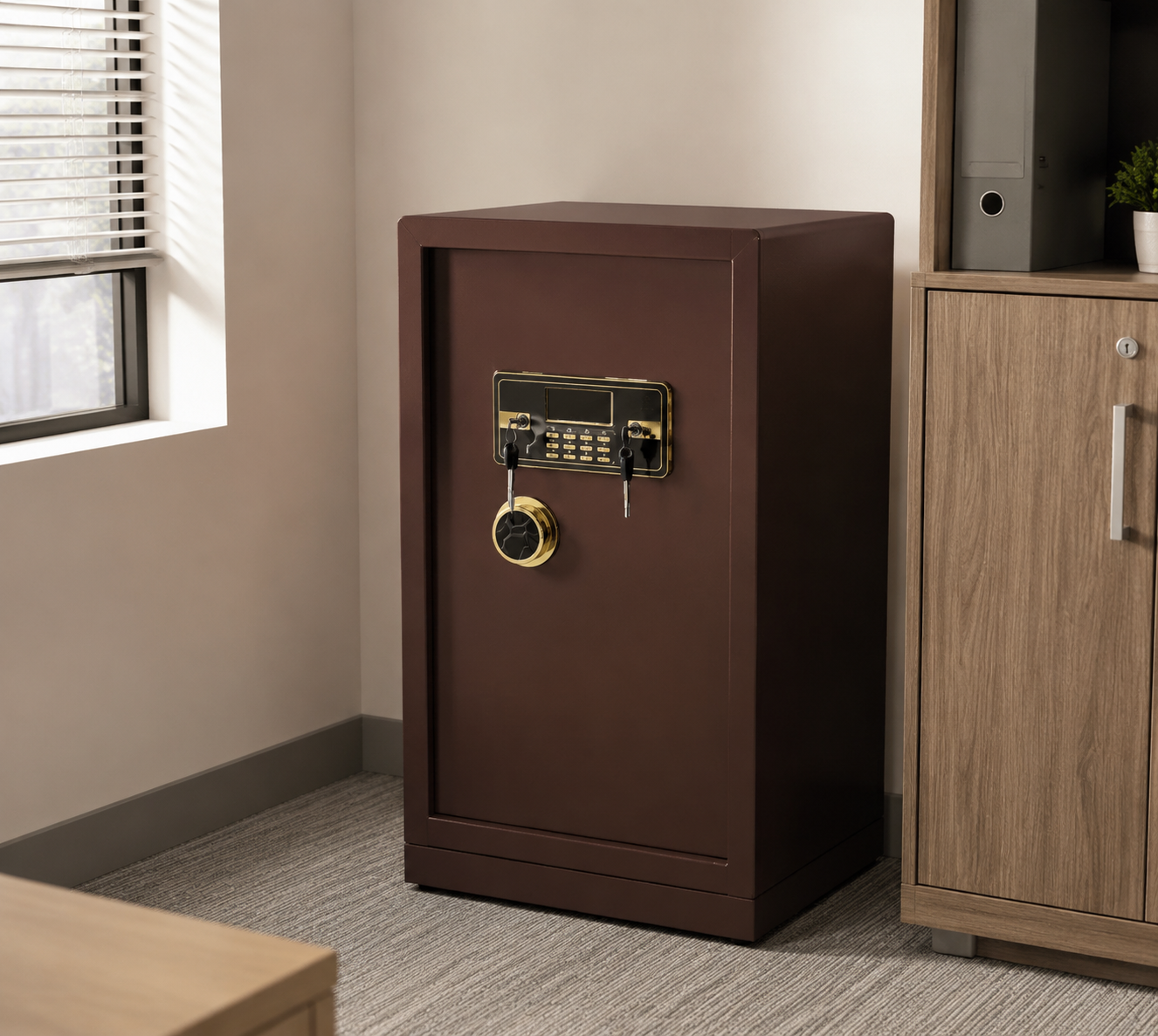 Heavy-Duty Electronic Digital Keypad Security Safe Box with Dual Key Lock, LCD Screen & Solid Steel Locking Bolts - Coffee Brown