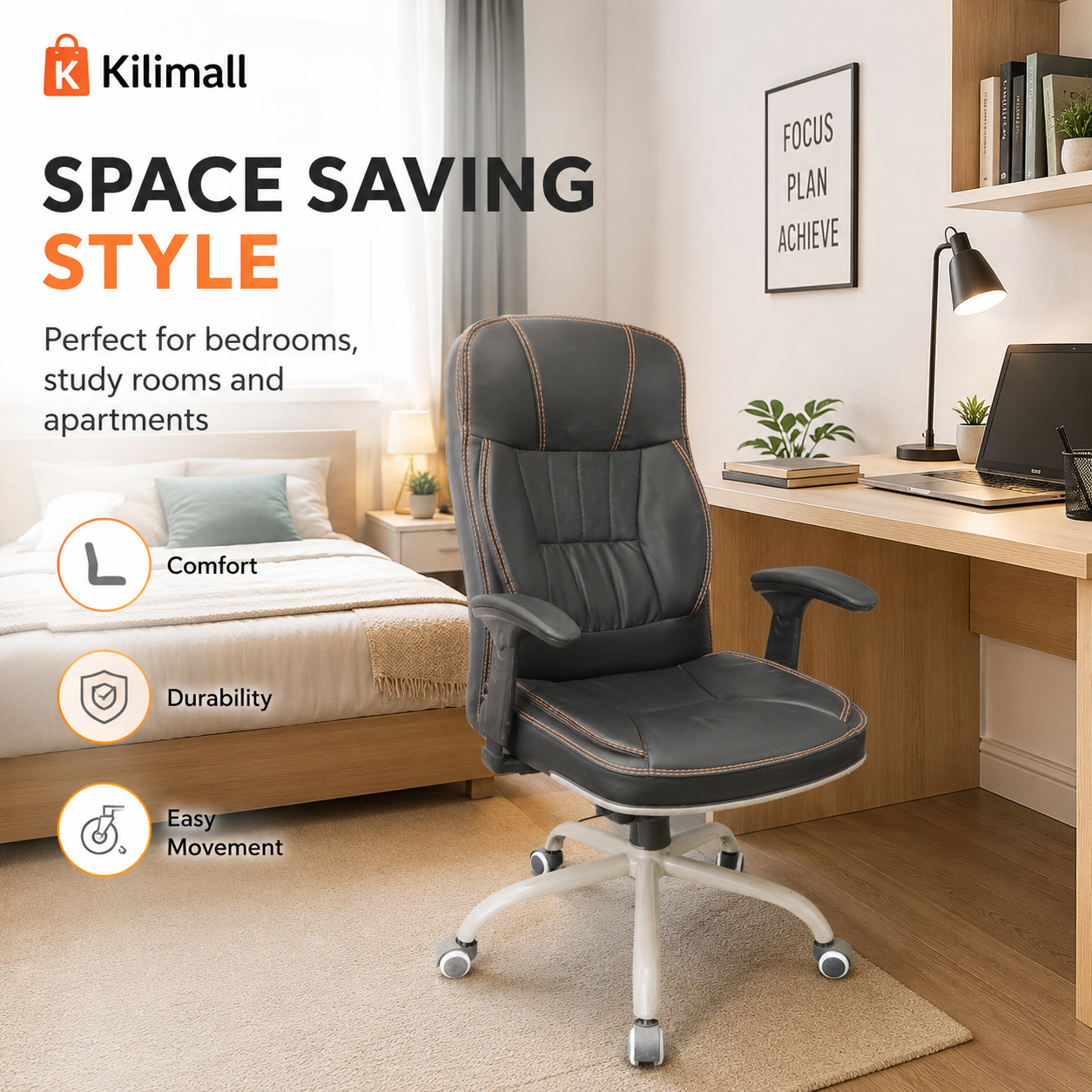 Ergonomic High-Back Executive Office Chair - Padded PU Leather Swivel Desk Chair with Lumbar Support, Thick Cushion Seat & Smooth Rolling Wheels for Home Office & Study (Black)
