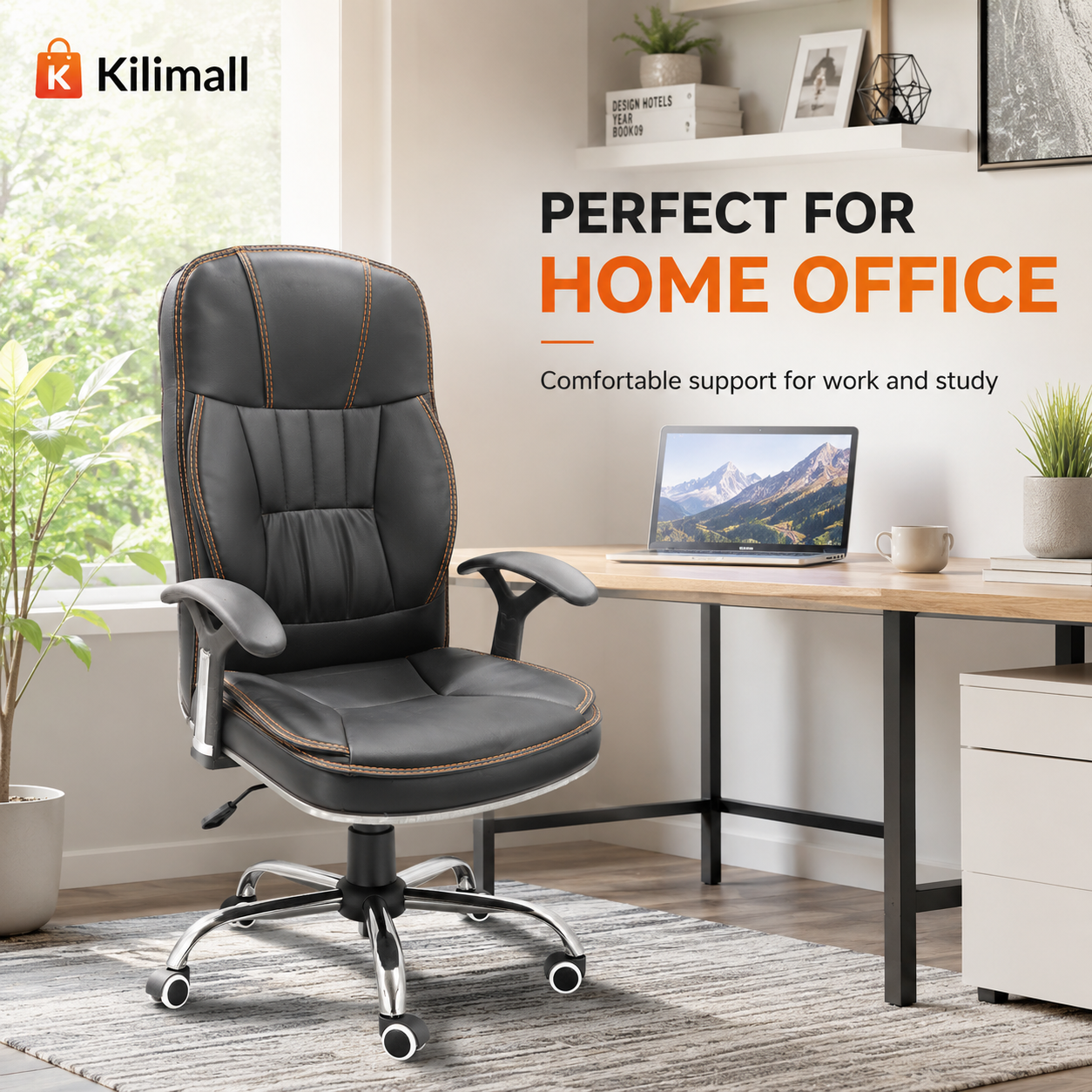 Ergonomic High-Back Executive Office Chair - Padded PU Leather Swivel Desk Chair with Lumbar Support, Thick Cushion Seat & Smooth Rolling Wheels for Home Office & Study (Black)