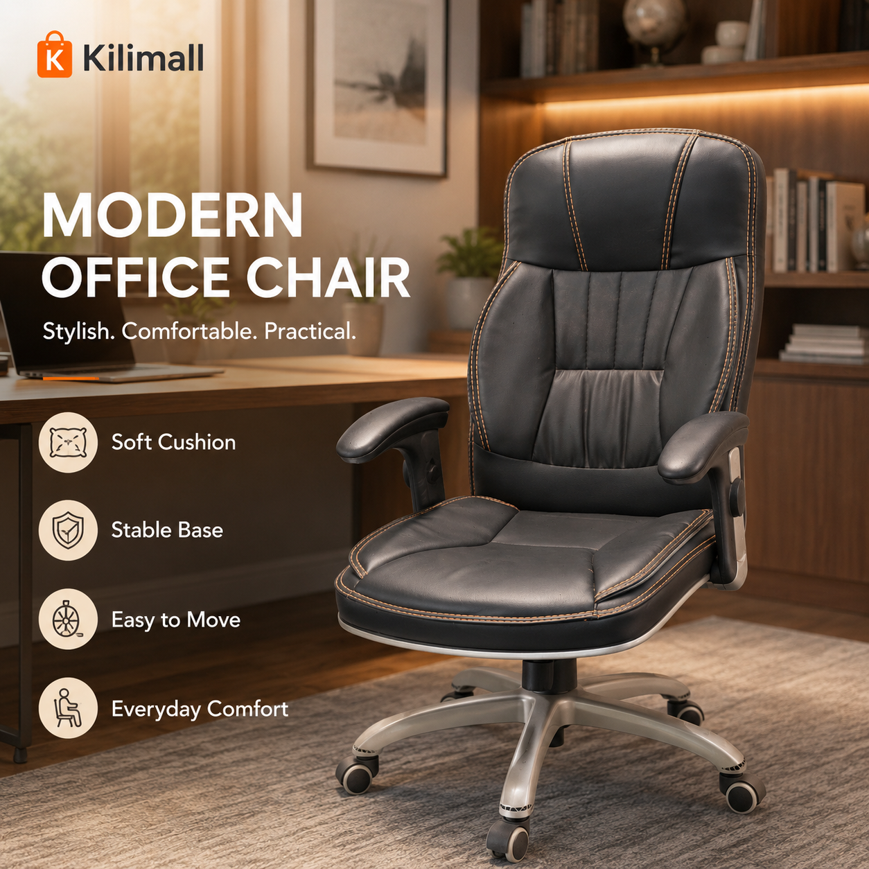 Ergonomic High-Back Executive Office Chair - Padded PU Leather Swivel Desk Chair with Lumbar Support, Thick Cushion Seat & Smooth Rolling Wheels for Home Office & Study (Black)