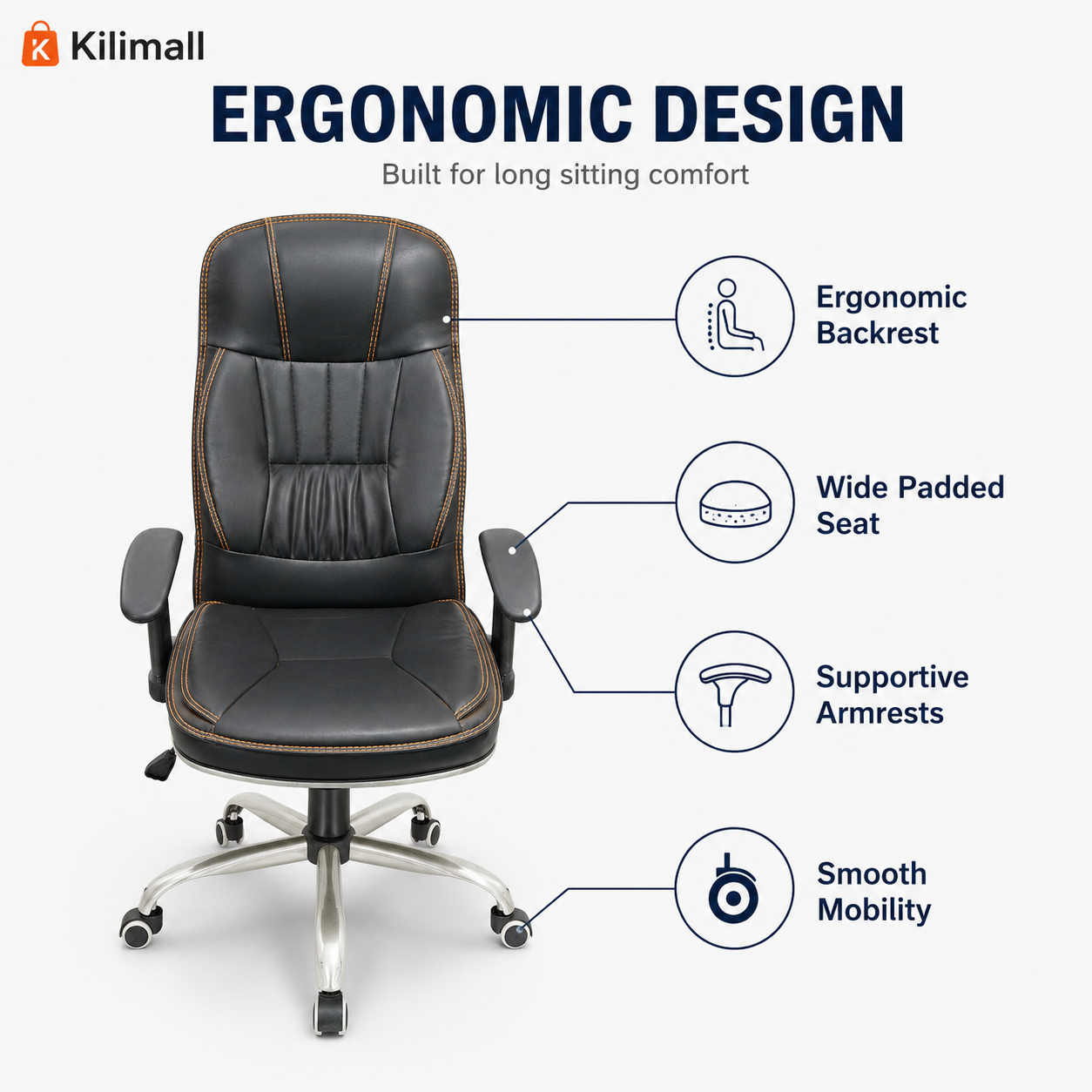 Ergonomic High-Back Executive Office Chair - Padded PU Leather Swivel Desk Chair with Lumbar Support, Thick Cushion Seat & Smooth Rolling Wheels for Home Office & Study (Black)