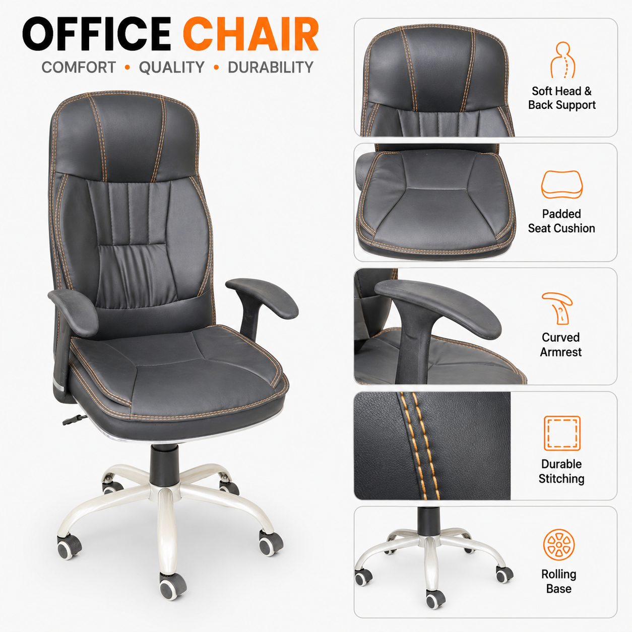 Ergonomic High-Back Executive Office Chair - Padded PU Leather Swivel Desk Chair with Lumbar Support, Thick Cushion Seat & Smooth Rolling Wheels for Home Office & Study (Black)