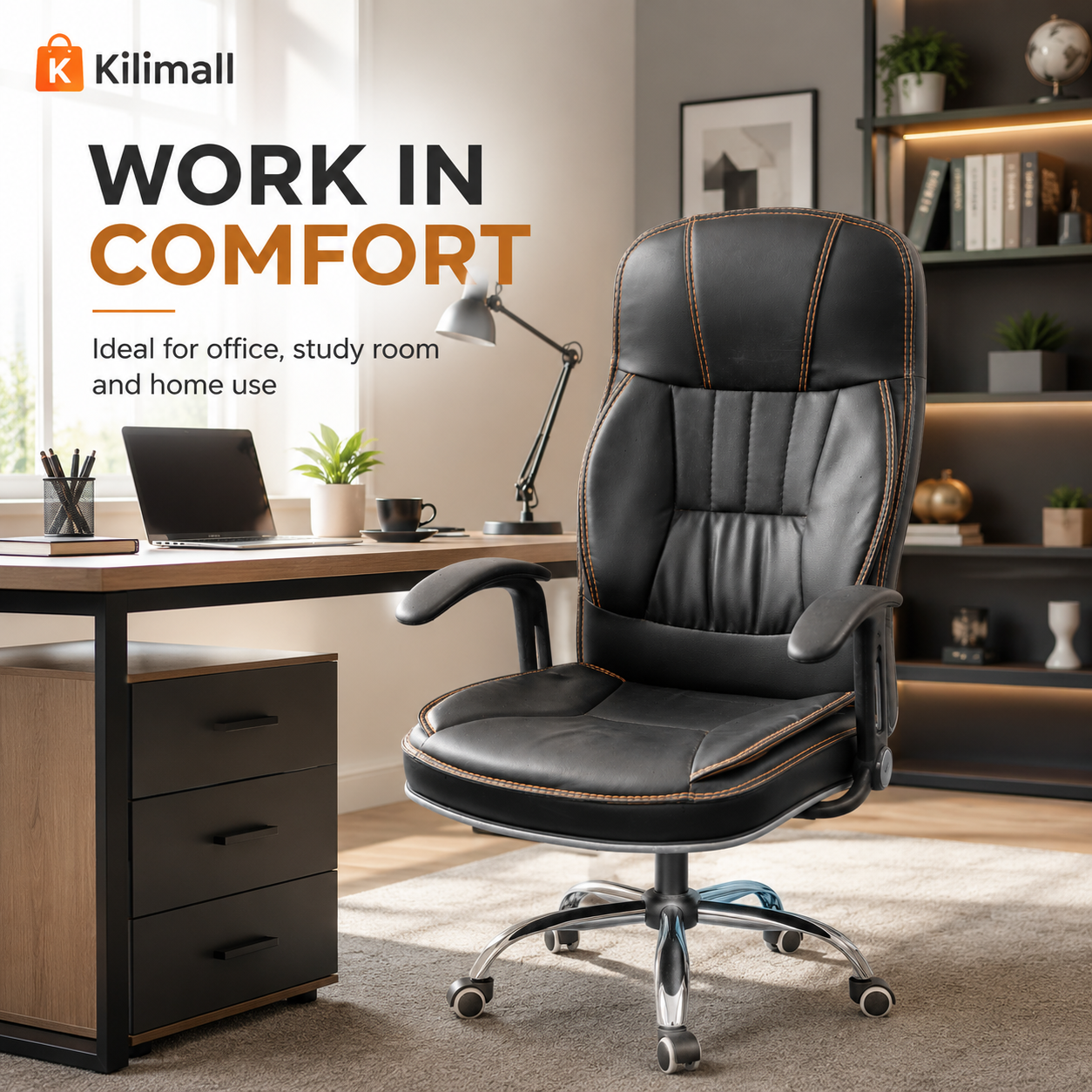 Ergonomic High-Back Executive Office Chair - Padded PU Leather Swivel Desk Chair with Lumbar Support, Thick Cushion Seat & Smooth Rolling Wheels for Home Office & Study (Black)