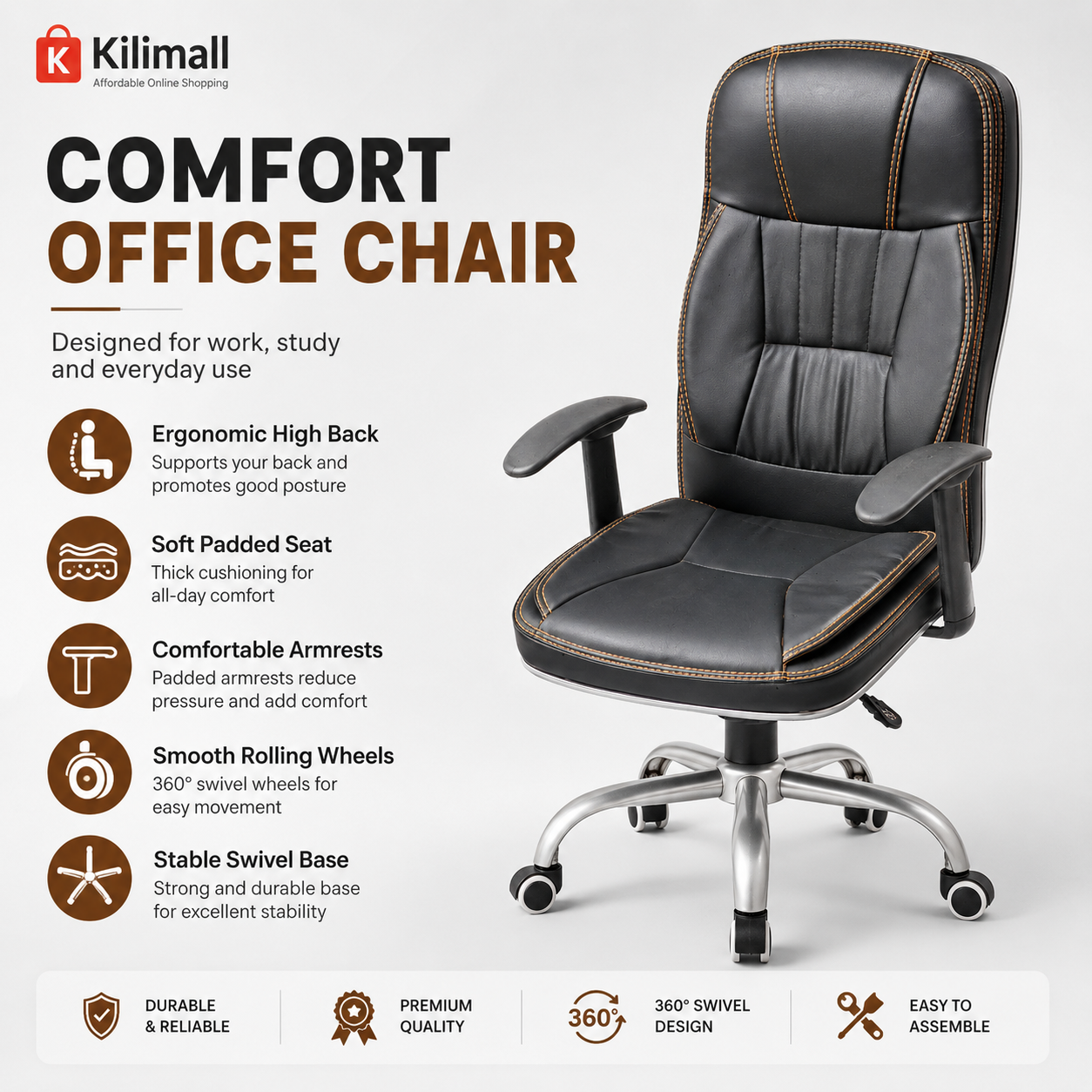 Ergonomic High-Back Executive Office Chair - Padded PU Leather Swivel Desk Chair with Lumbar Support, Thick Cushion Seat & Smooth Rolling Wheels for Home Office & Study (Black)