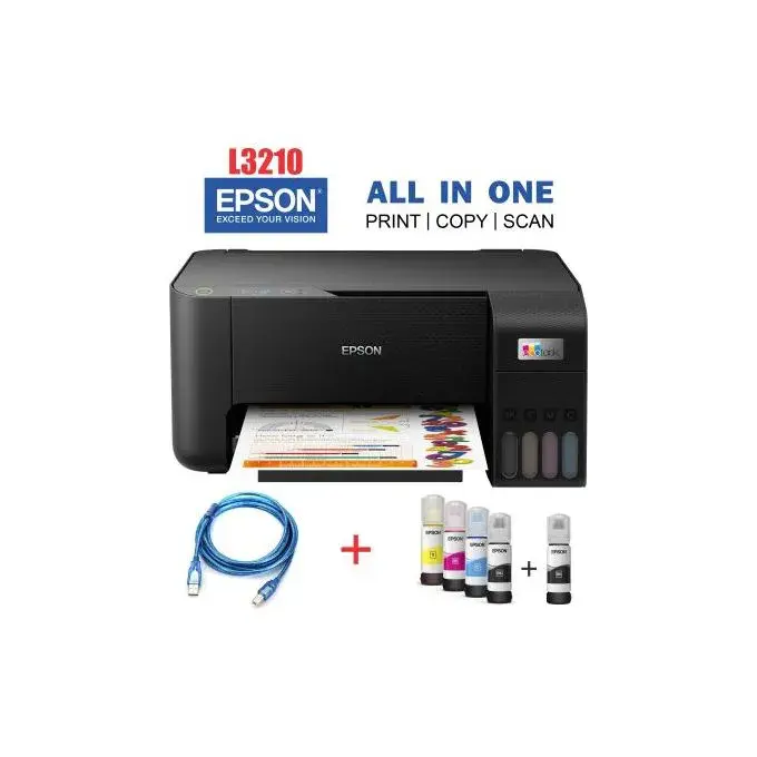 {With inks + cable} Brand New Epson Office Printer | Epson L3210 ECOTANK Printer Black in Color, Print, Scan, Copy and Wireless| All in one Office Printer | Portable and Easy to Install and Print