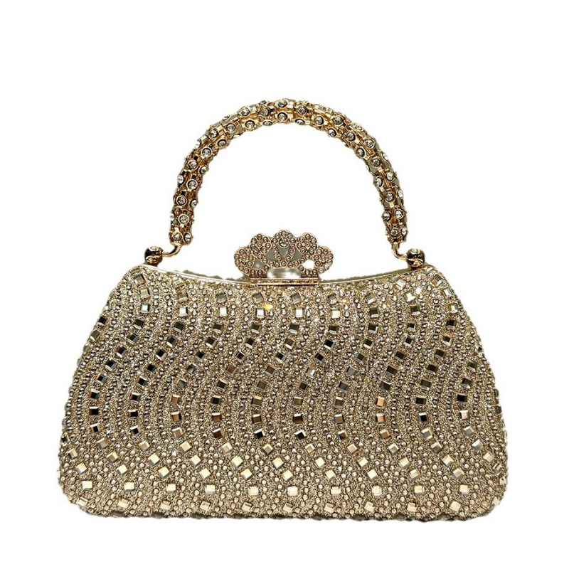 Hot Selling Luxury Golden Handbag, Shiny Rhinestone & Floral Pearl Inlaid Clutch, Elegant Fashion Bag & Versatile Earrings Jewelry Set for Women