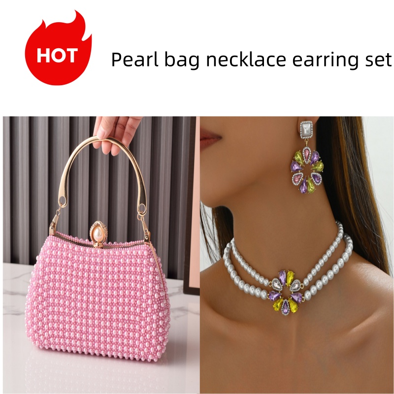 Hot Sale Pearl Evening Bag & Jewelry Set - Vintage European Style Party Clutch with Flower Necklace & Earrings Elegant Wedding Accessories for Women