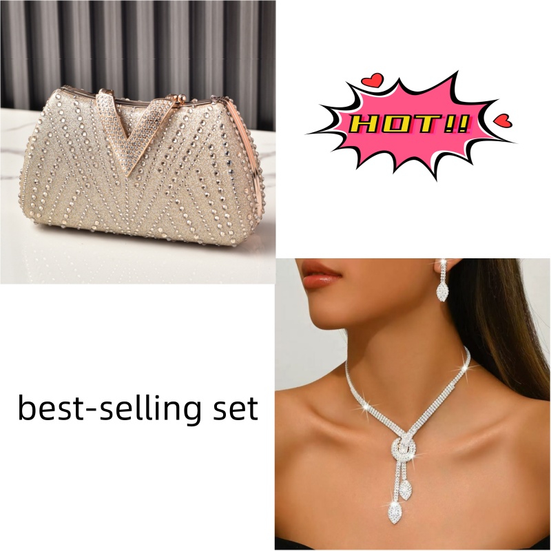 High-endHot Sale Rhinestone Evening Bag & Bridal Jewelry Set - Luxury Diamond Clutch Purse with Tassel Leaf Pendant, Fashion Party Accessories for Women
