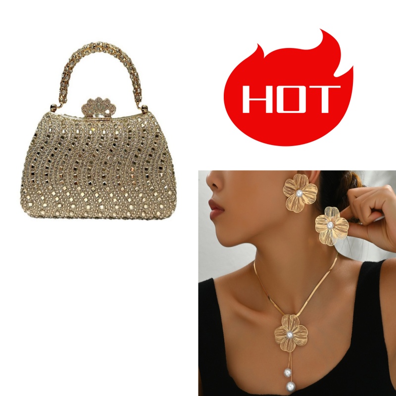 Hot Selling Luxury Golden Handbag, Shiny Rhinestone & Floral Pearl Inlaid Clutch, Elegant Fashion Bag & Versatile Earrings Jewelry Set for Women