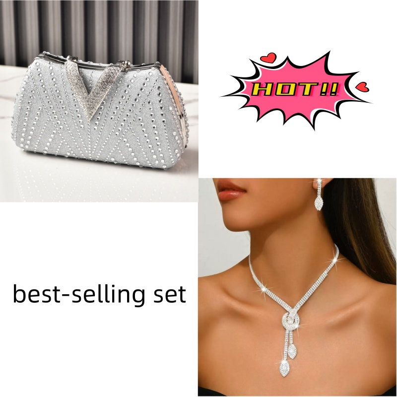 High-endHot Sale Rhinestone Evening Bag & Bridal Jewelry Set - Luxury Diamond Clutch Purse with Tassel Leaf Pendant, Fashion Party Accessories for Women