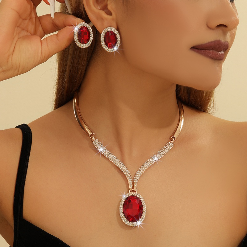 High-endHot Sale Oil Wax Leather Underarm Bag & Bridal Jewelry Set - Luxury White Rhinestone & Red Crystal Necklace Earring Set Vintage Tote Purse for Women