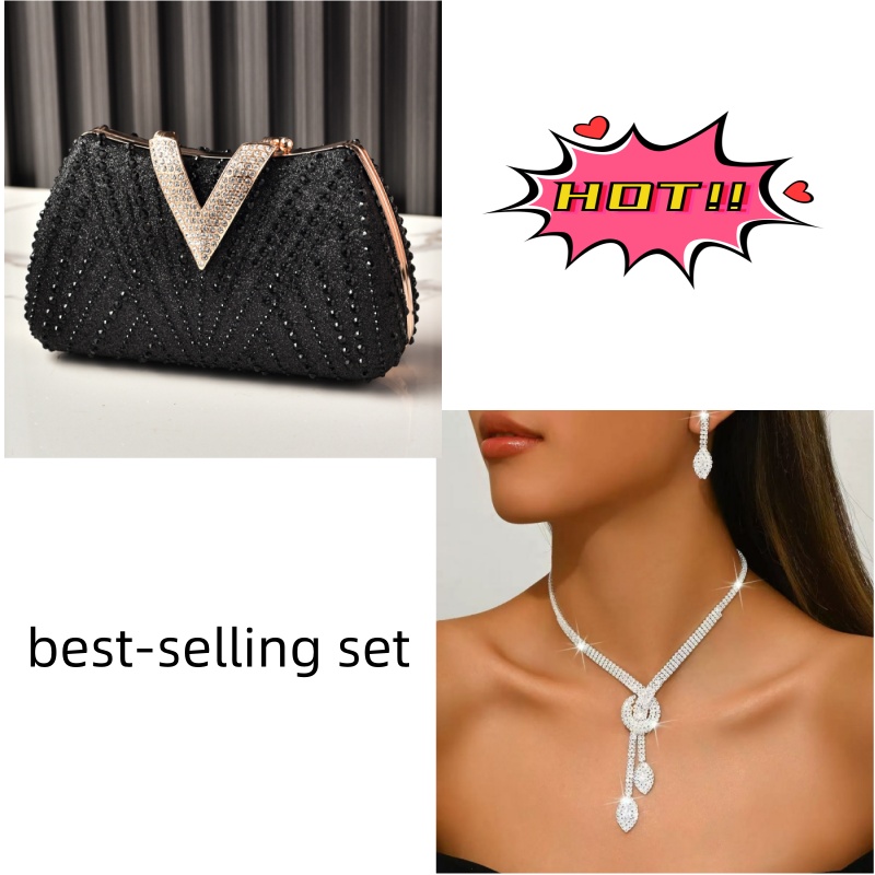 High-endHot Sale Rhinestone Evening Bag & Bridal Jewelry Set - Luxury Diamond Clutch Purse with Tassel Leaf Pendant, Fashion Party Accessories for Women