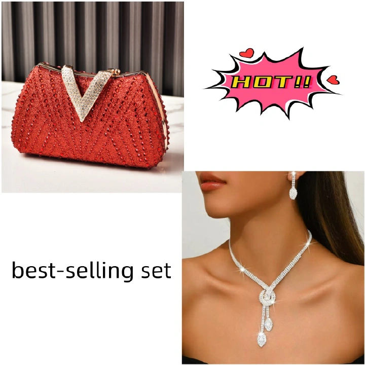 High-endHot Sale Rhinestone Evening Bag & Bridal Jewelry Set - Luxury Diamond Clutch Purse with Tassel Leaf Pendant, Fashion Party Accessories for Women