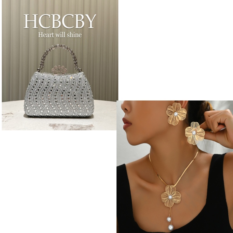 Hot Selling Luxury Golden Handbag, Shiny Rhinestone & Floral Pearl Inlaid Clutch, Elegant Fashion Bag & Versatile Earrings Jewelry Set for Women