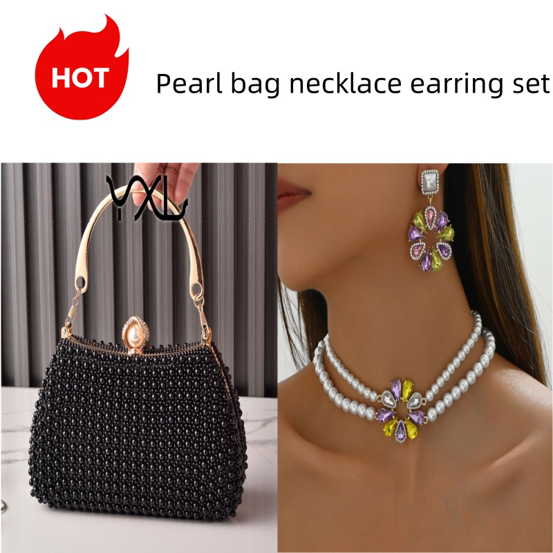 Hot Sale Pearl Evening Bag & Jewelry Set - Vintage European Style Party Clutch with Flower Necklace & Earrings Elegant Wedding Accessories for Women