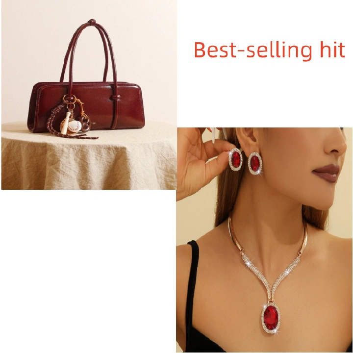 High-endHot Sale Oil Wax Leather Underarm Bag & Bridal Jewelry Set - Luxury White Rhinestone & Red Crystal Necklace Earring Set Vintage Tote Purse for Women