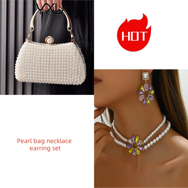 Hot Sale Pearl Evening Bag & Jewelry Set - Vintage European Style Party Clutch with Flower Necklace & Earrings Elegant Wedding Accessories for Women