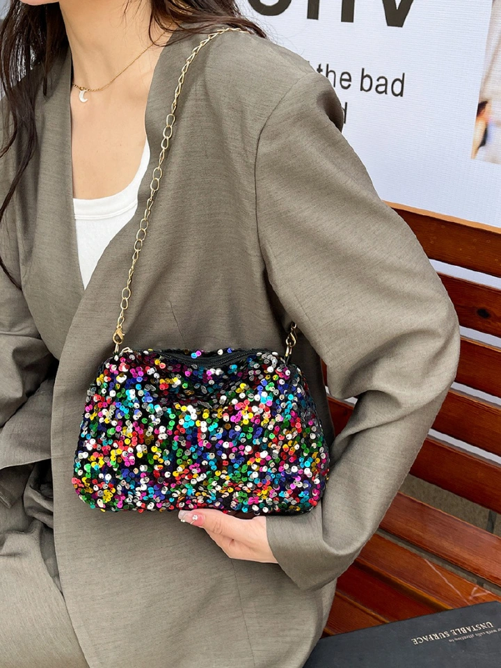 Shiny Sequin Handbag for Women 2026 New Design | Small Square Crossbody Bag with Chain Strap | Trendy Party Clutch