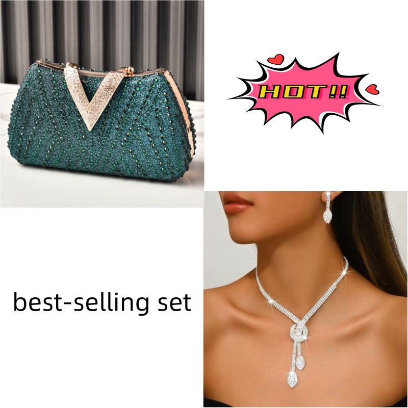 High-endHot Sale Rhinestone Evening Bag & Bridal Jewelry Set - Luxury Diamond Clutch Purse with Tassel Leaf Pendant, Fashion Party Accessories for Women