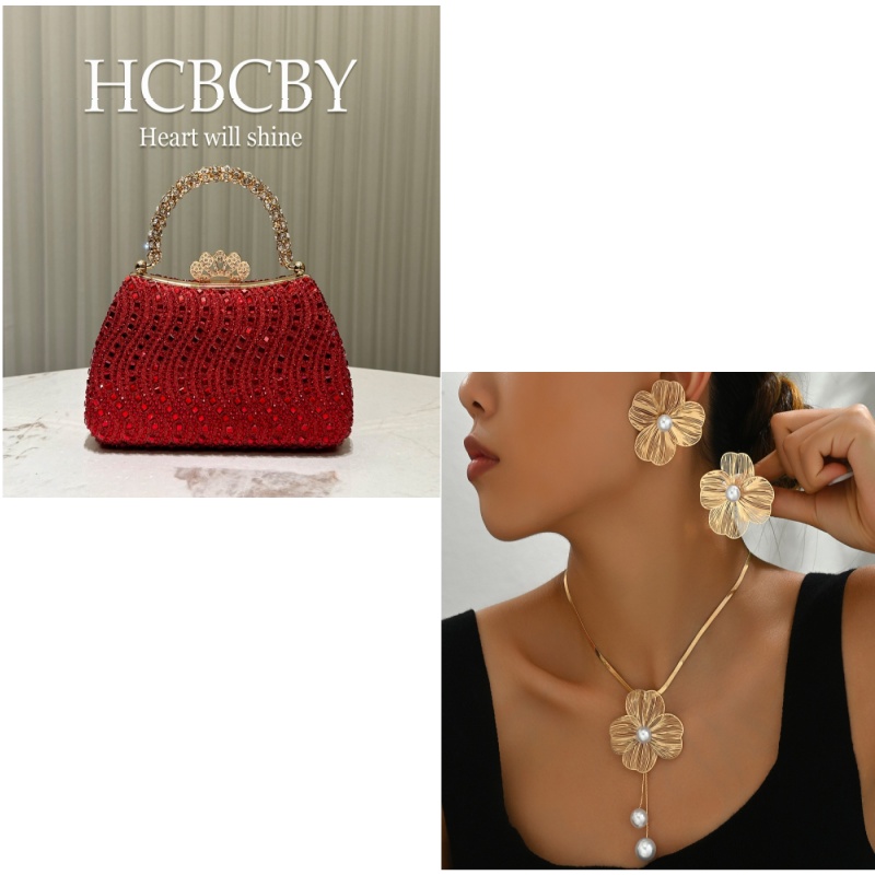Hot Selling Luxury Golden Handbag, Shiny Rhinestone & Floral Pearl Inlaid Clutch, Elegant Fashion Bag & Versatile Earrings Jewelry Set for Women