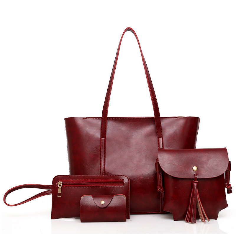Hot Sale New Fashion Women Handbag Set Vintage Oil Wax Leather Tote Shoulder Crossbody Bag 4pcs
