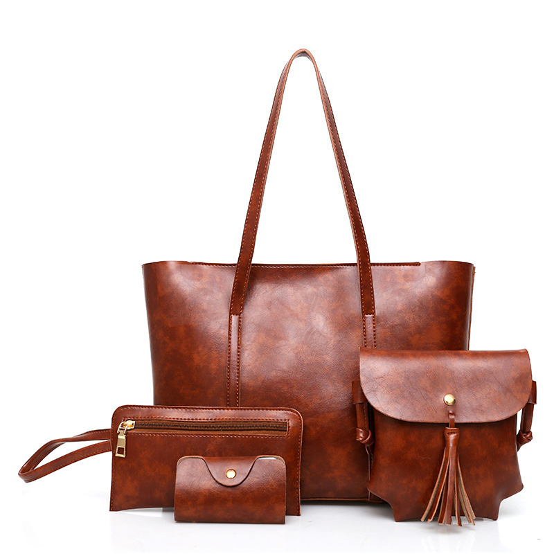 Hot Sale New Fashion Women Handbag Set Vintage Oil Wax Leather Tote Shoulder Crossbody Bag 4pcs