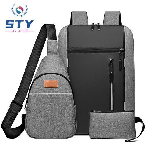 New Arrival 3 In 1 Men Laptop Bags Set Backpack Chest Bag Small Bag Set Rucksack Travel Bag With USB Jack Large Capacity School Bag GREY