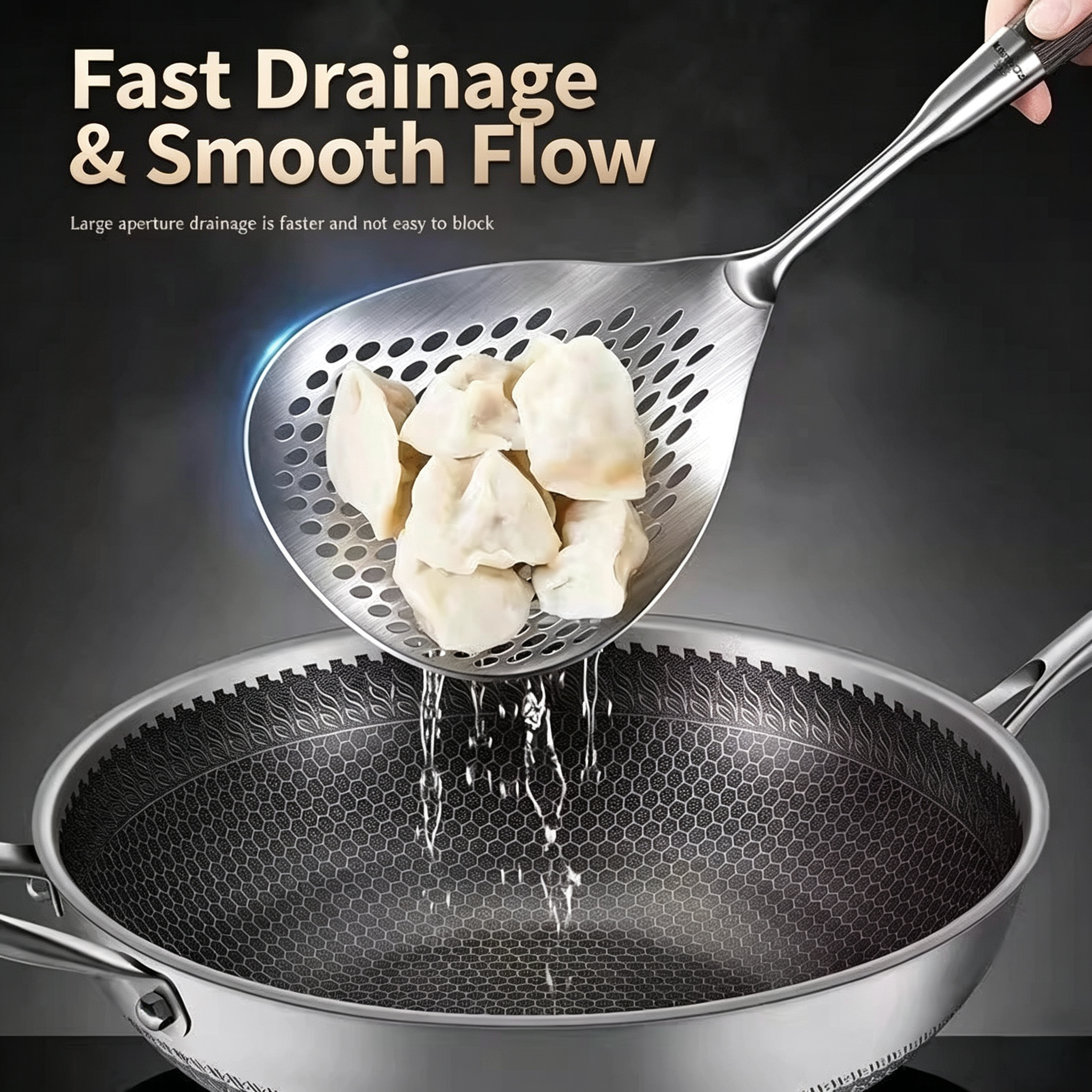 316 Stainless Steel Noodle Skimmer, Wide‑Thick Kitchen Skimmer for Noodles & Dumplings, Household Use