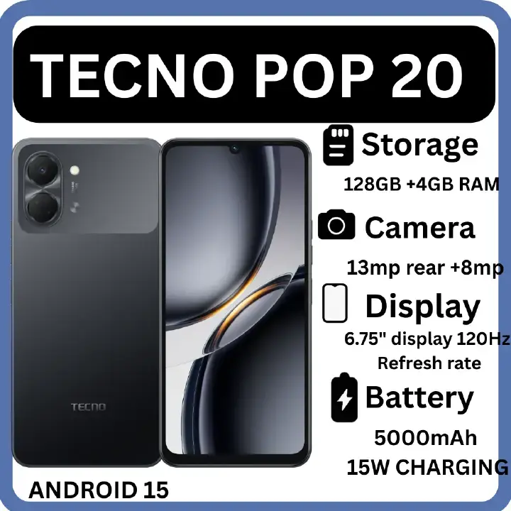 TECNO POP 20 128GB ROM +4GB RAM 6.75 inch FHD 5000mAh Battery 13MP Main Camera Dual SIM 4G 15W FAST NETWORK UNISOC T7250 PROCESSOR Android 15 Mobile Phones