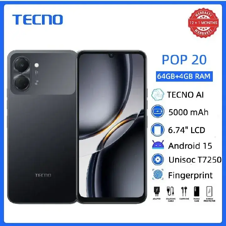 TECNO POP 20 64GB ROM +4GB RAM 6.75 inch FHD 5000mAh Battery 13MP Main Camera Dual SIM 4G 15W FAST NETWORK UNISOC T7250 PROCESSOR Android 15