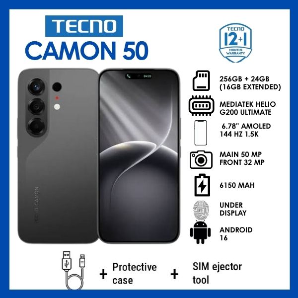 TECNO CAMON 50 256GB STORAGE 8GB RAM 6150MAH BATTERY 45W TYPE-C FAST CHARGE 6.78-INCH DISPLAY 50MP ULTRACLEAR CAMERA/ ANDROID 16 DUAL SIMCARD SMART PHONES