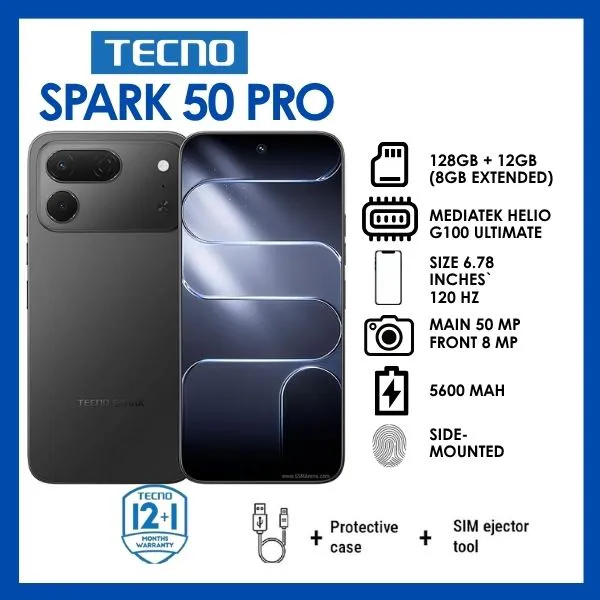 TECNO SPARK 50 Pro 128GB ROM + 4GB RAM, 6.78" 120Hz 4G Smartphone, 6000mAh Battery, 60W Fast Charging, 50MP Camera, Android 16, IP68/IP69
