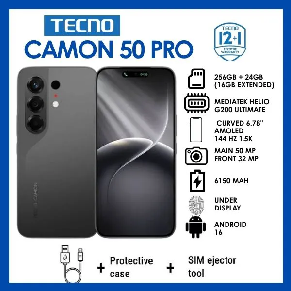 Tecno Camon 50 Pro 256GB+16(8+8)GB RAM 6.78" 120Hz Curved AMOLED MTK Helio G200 Ultimate 45W 6500mAh 50MP Dual Speaker Android16 IP68/IP69 Dust Water Resistance Dual Sim Smart Phones