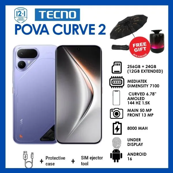 TECNO POVA Curve 2 5G, 256GB 12GB RAM,smart phone Camera 50MP, Battery 8000mAh, Smartphone, 7.42mm thin body, 6.78" AMOLED , MediaTek Dimensity 7100