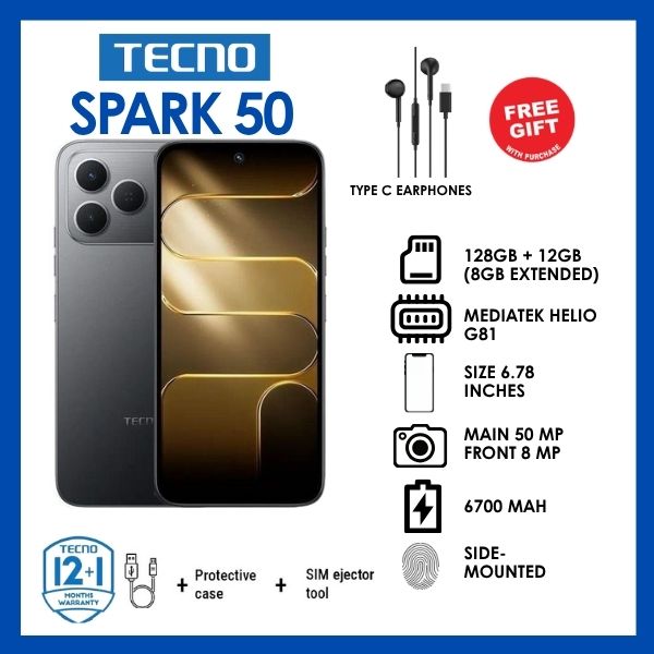 TECNO SPARK 50 128GB+4GB smart phone 6.78" 120Hz Phone Dynamic Port 50MP Dual Speaker 6700mAh 18W Type-C Dual SIM 4G Side Fingerprint Smart AI Phones + Free Gift