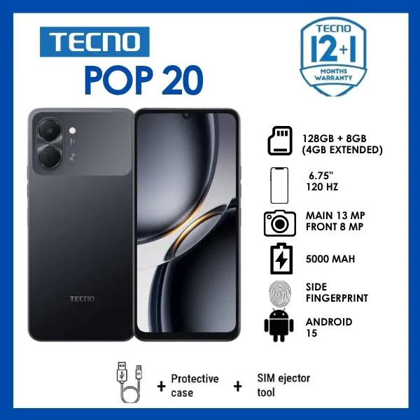 TECNO POP 20 128GB ROM +4GB RAM 6.75 inch FHD 5000mAh Battery 13MP Main Camera Dual SIM 4G 15W FAST NETWORK UNISOC T7250 PROCESSOR Android 15 Mobile smart Phones