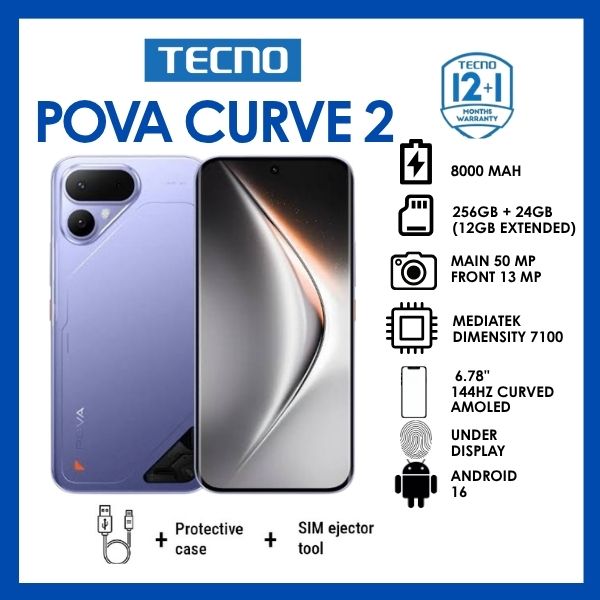 TECNO POVA Curve 2 5G, 256GB 12GB RAM,smart phone Camera 50MP, Battery 8000mAh, Smartphone, 7.42mm thin body, 6.78" AMOLED , MediaTek Dimensity 7100