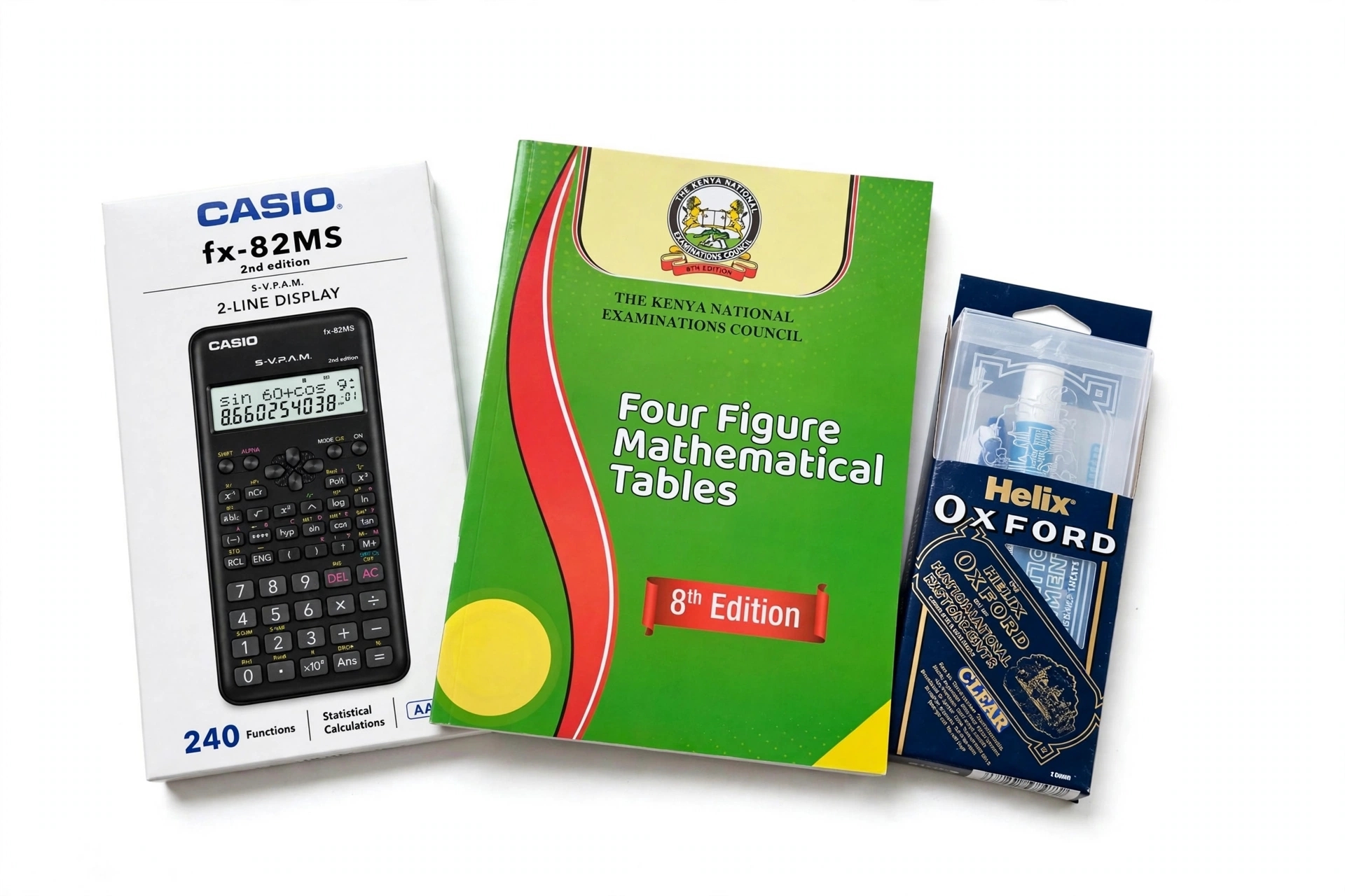 FULL MATHEMATICS KIT: Casio fx-82MS 2nd edition* calculator 
- *KNEC Four Figure Mathematical Tables 8th Edition*
- *Helix Oxford* math set