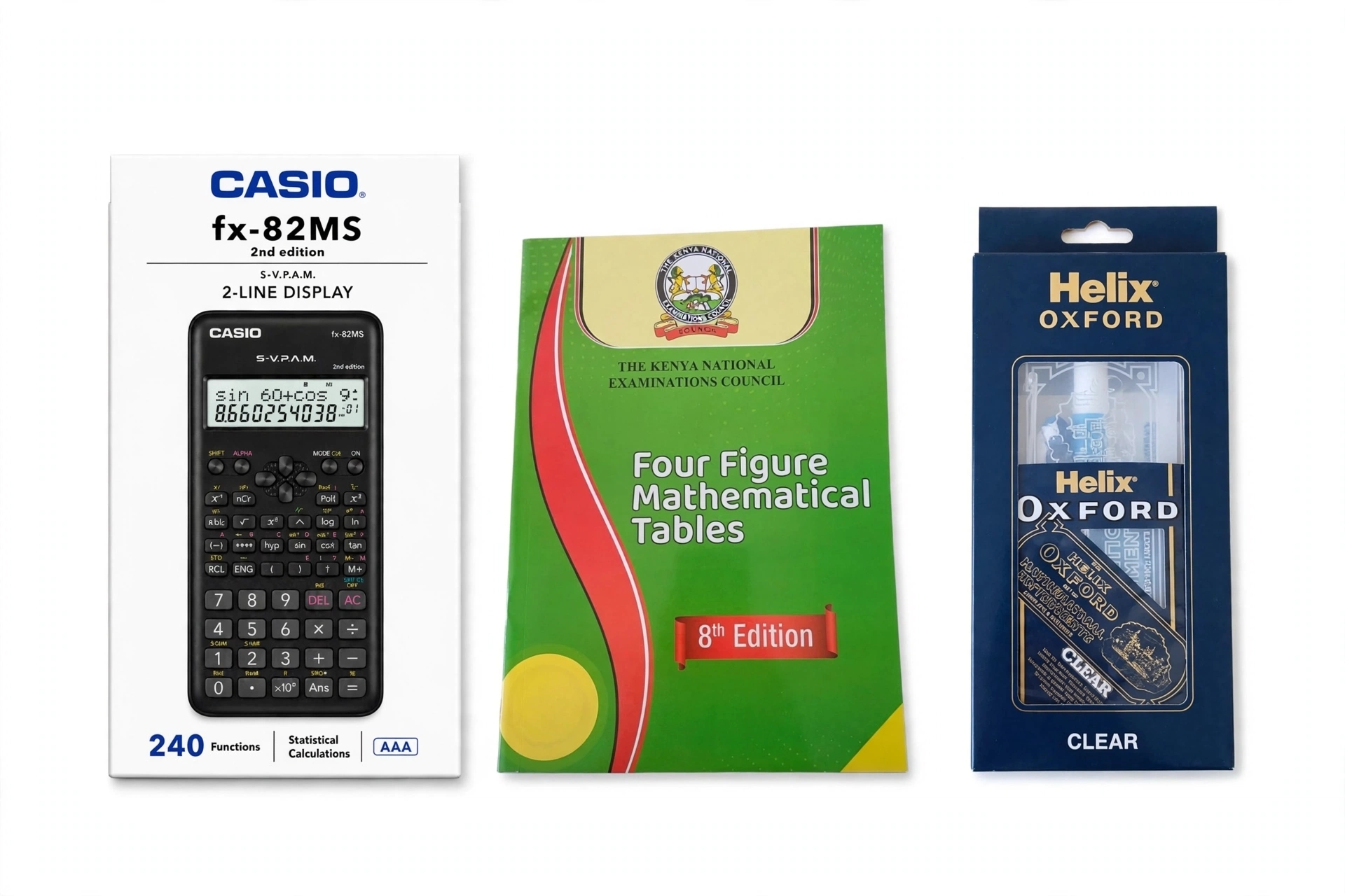 FULL MATHEMATICS KIT: Casio fx-82MS 2nd edition* calculator 
- *KNEC Four Figure Mathematical Tables 8th Edition*
- *Helix Oxford* math set