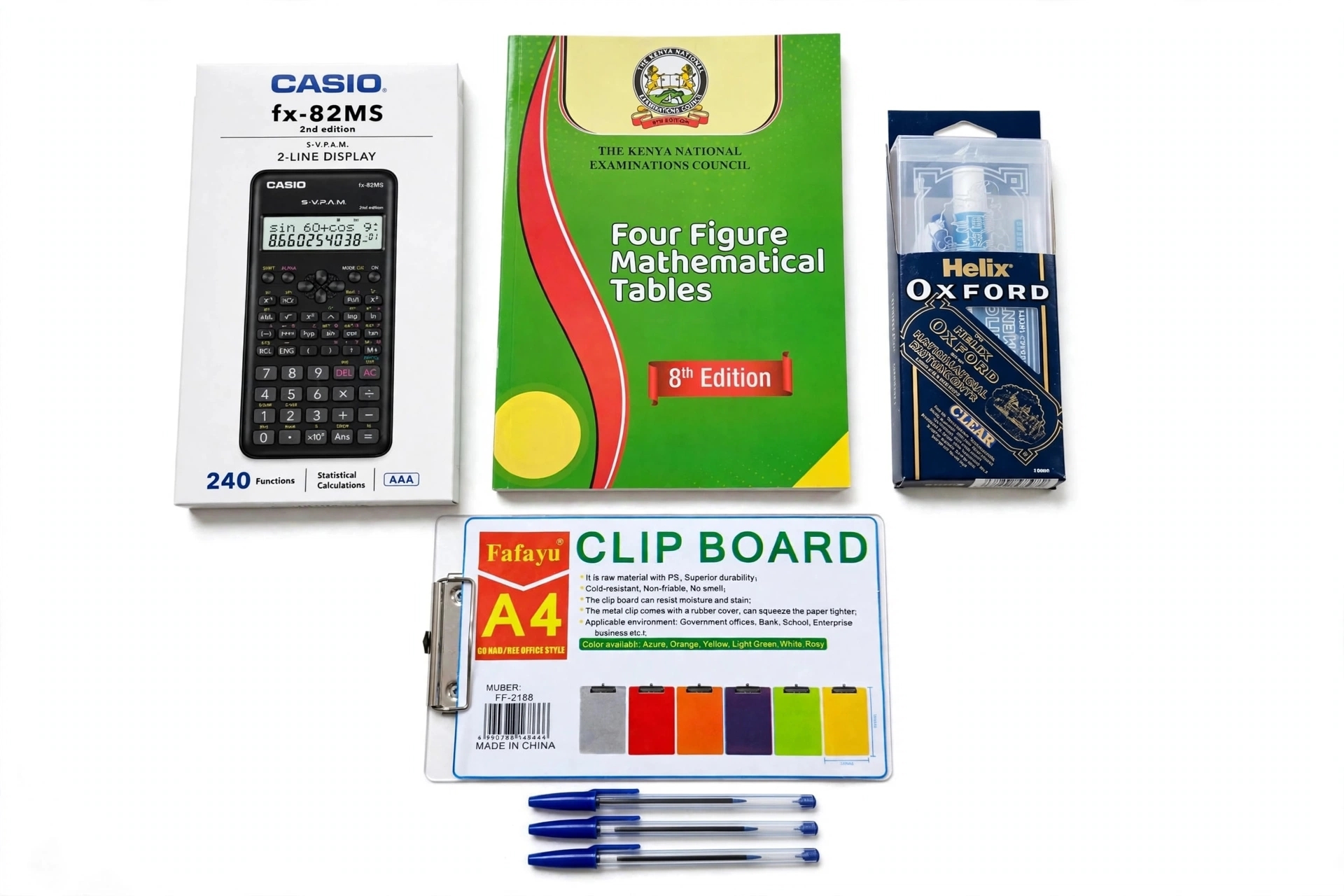 Ultimate 7-in-1 KCSE & KJSEA Success Pack - Casio fx-82MS Calculator + Four Figure Tables 8th Edition + Oxford Maths Set + A4 Clip Board + 3 BIC Pens - KNEC Approved"*