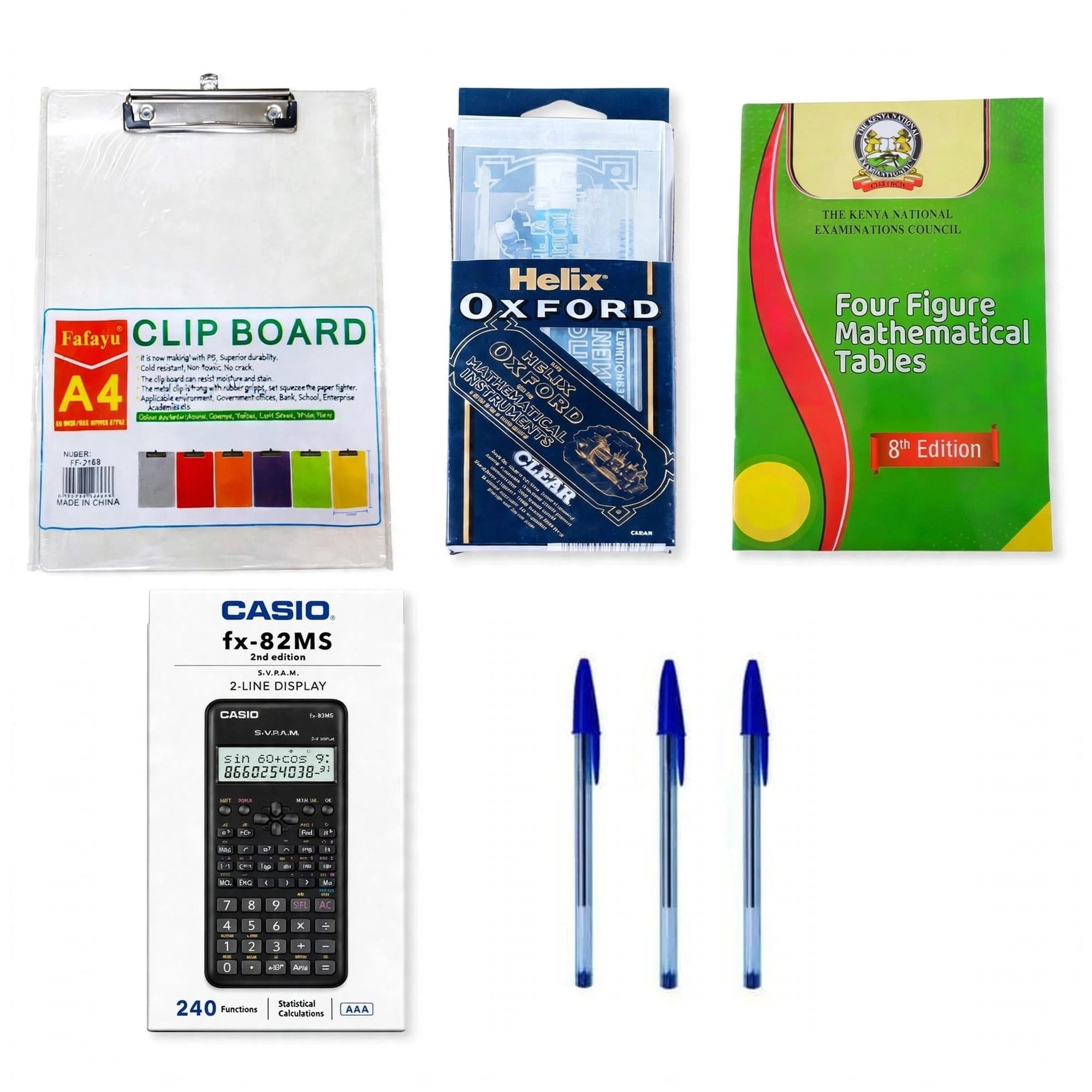 Ultimate 7-in-1 KCSE & KJSEA Success Pack - Casio fx-82MS Calculator + Four Figure Tables 8th Edition + Oxford Maths Set + A4 Clip Board + 3 BIC Pens - KNEC Approved"*