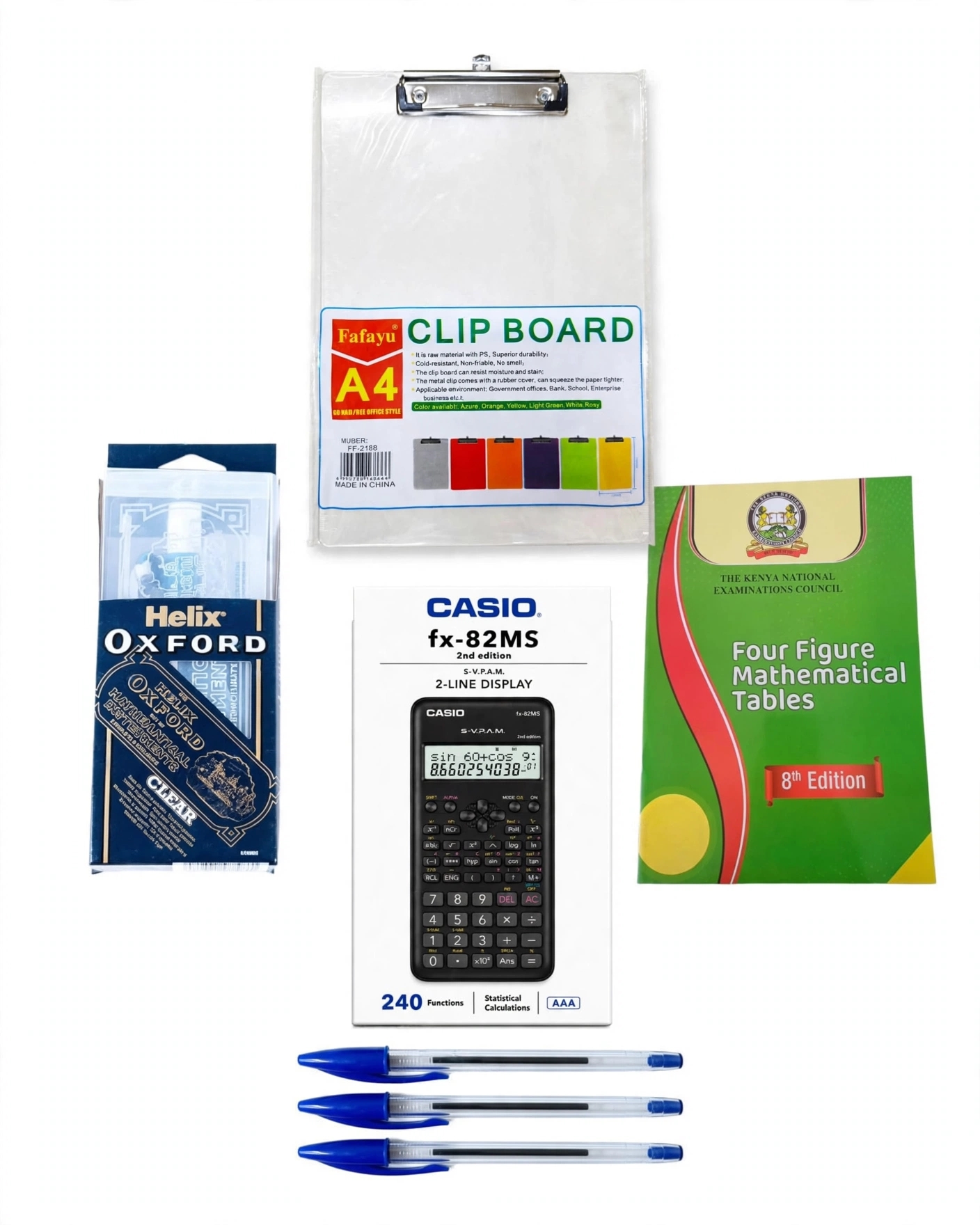 Ultimate 7-in-1 KCSE & KJSEA Success Pack - Casio fx-82MS Calculator + Four Figure Tables 8th Edition + Oxford Maths Set + A4 Clip Board + 3 BIC Pens - KNEC Approved"*