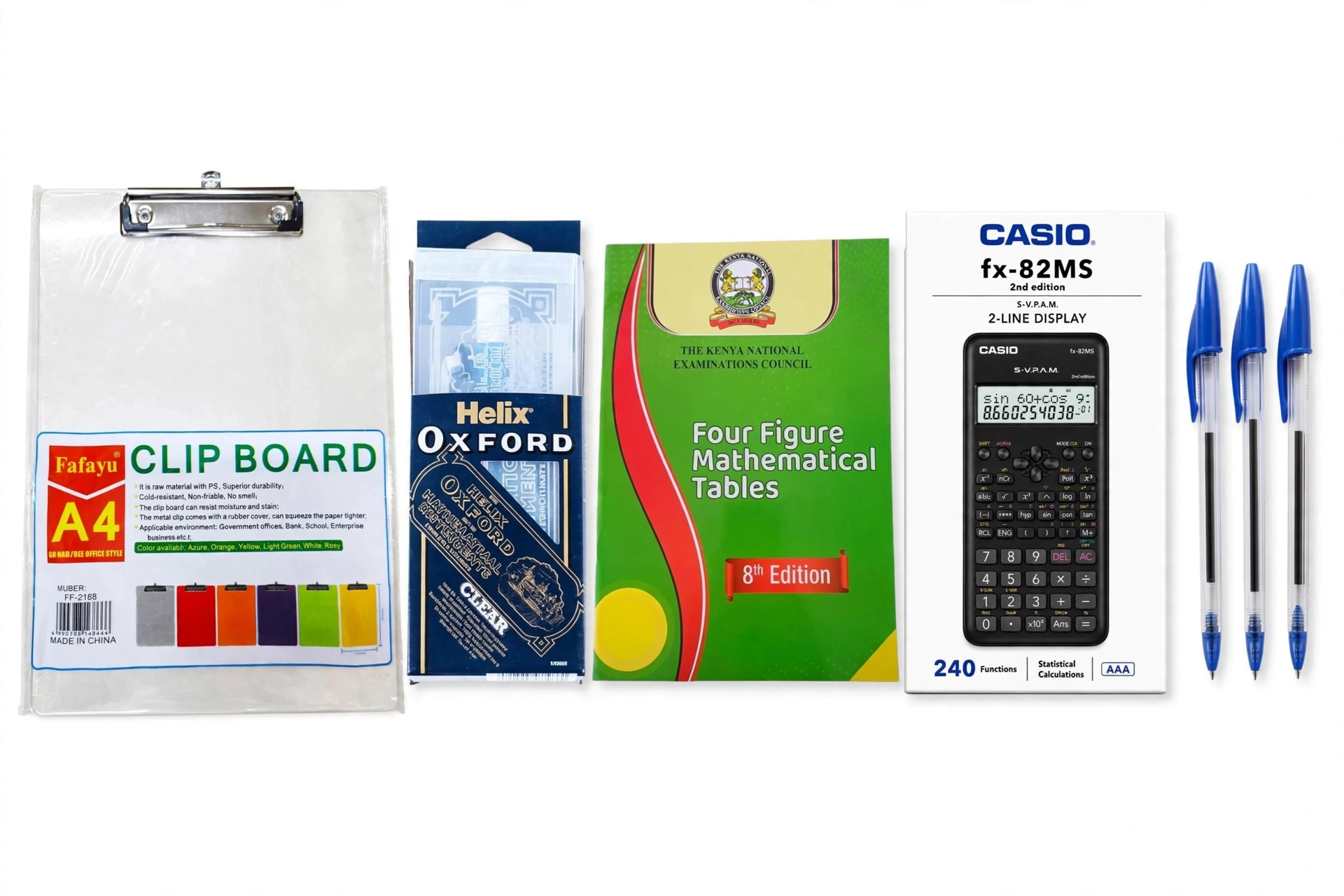Ultimate 7-in-1 KCSE & KJSEA Success Pack - Casio fx-82MS Calculator + Four Figure Tables 8th Edition + Oxford Maths Set + A4 Clip Board + 3 BIC Pens - KNEC Approved"*