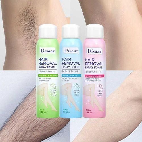 Disaar Hair Removal Spray Foam Bottles, Available in Various Scents Like Lemon & Argan, Aloe Vera, and Rose.